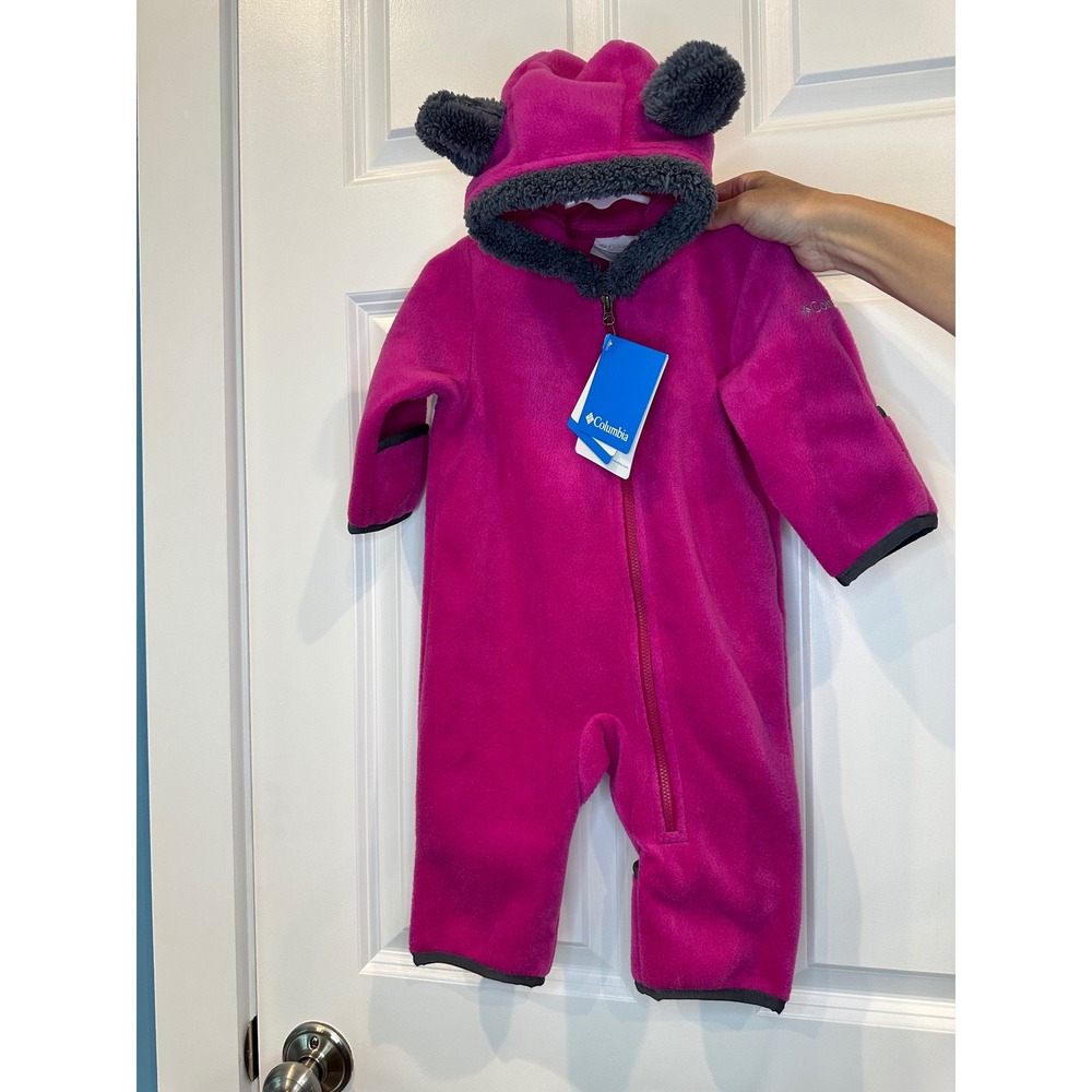 Columbia Baby Fleece Snowsuit Pram Suit Hooded Bear Ears Pink Sizs‎ 3-6 Months